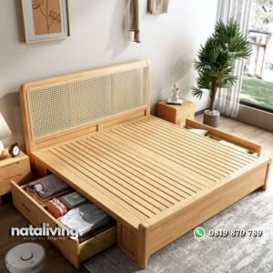 Tempat tidur minimalis laci kombinasi rotan alami dipan kayu jati nataliving furniture