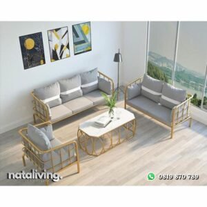 Set kursi tamu besi finishing gold full bantalan meja top marble nataliving furniture