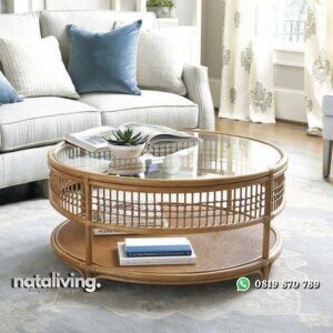 Meja tamu rotan alami atas kaca meja terbaru modern nataliving furniture
