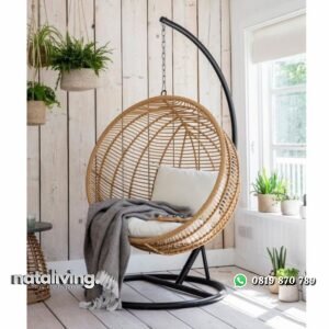 Ayunan rotan sintetis model bundar tiang besi full bantalan nataliving furniture