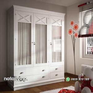 Almari pakaian duco putih pintu kaca lemari modern terbaik nataliving furniture