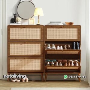 Bufet sepatu terbaru kayu jati kombinasi rotan alami rak sepatu retro nataliving furniture