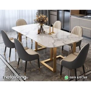 Set kursi makan kaki besi terbaik meja makan marmer mewah nataliving furniture