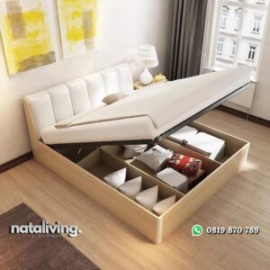 Tempat tidur hidrolik kayu jati kombinasi jok dipan terbaru minimalis nataliving furniture